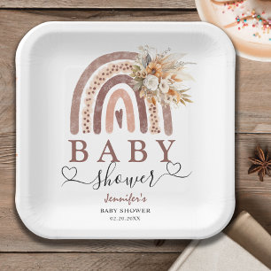 Boho Rainbow Gender Neutral Brown Baby Shower Paper Plate