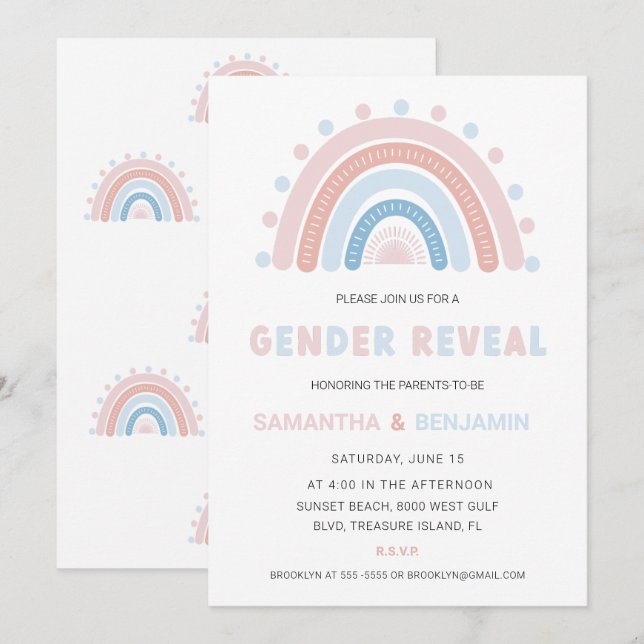 Boho Rainbow Gender Reveal Invitation, Blue & Pink Invitation (Front/Back)