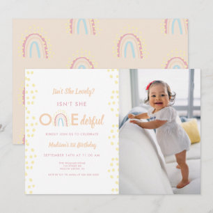 Boho Rainbow Girl Lovely Onederful Photo Birthday Invitation