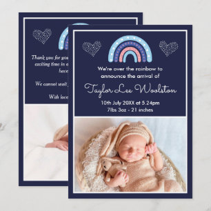 Boho Rainbow Girl Navy Blue Birth Announcement