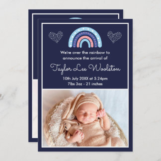 Boho Rainbow Girl Navy Blue Birth Announcement