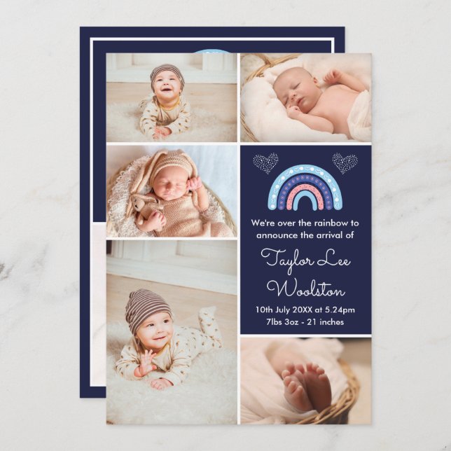 Boho Rainbow Girl Navy Blue Birth Announcement (Front/Back)