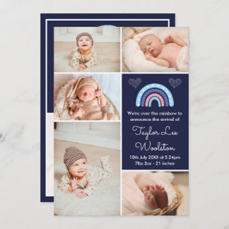 Boho Rainbow Girl Navy Blue Birth Announcement