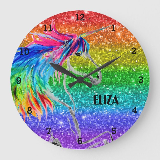Boho Rainbow Glitter Cute Girls Unicorn Kids Large Clock (Front)