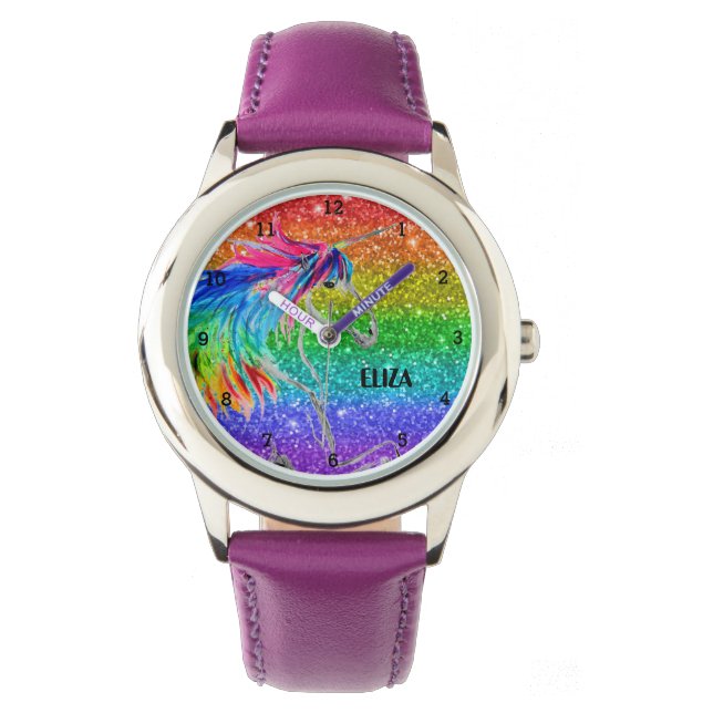 Boho Rainbow Glitter Cute Girls Unicorn Kids Watch (Front)