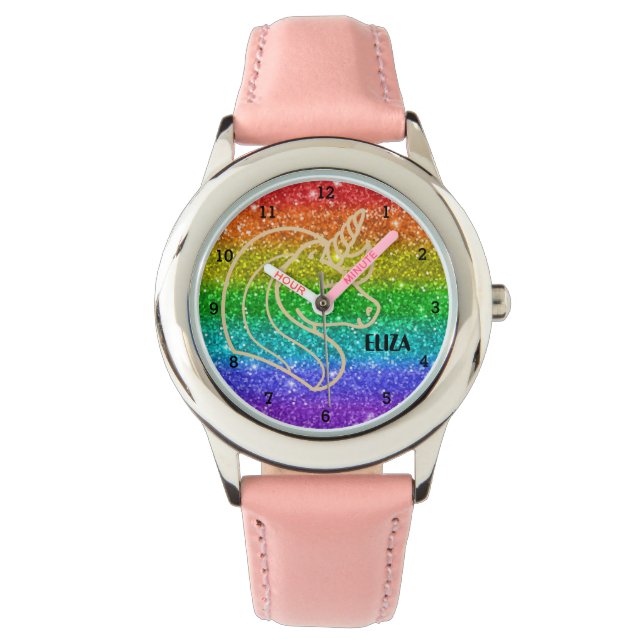 Boho Rainbow Glitter Cute Girls Unicorn Kids Watch (Front)