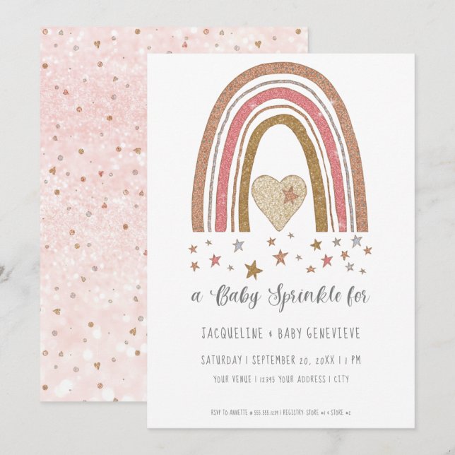 BOHO Rainbow Glitter Pink Gold Girl Baby Shower In Invitation (Front/Back)