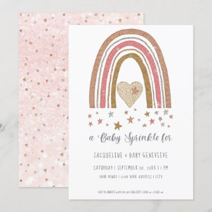 BOHO Rainbow Glitter Pink Gold Girl Baby Shower In Invitation
