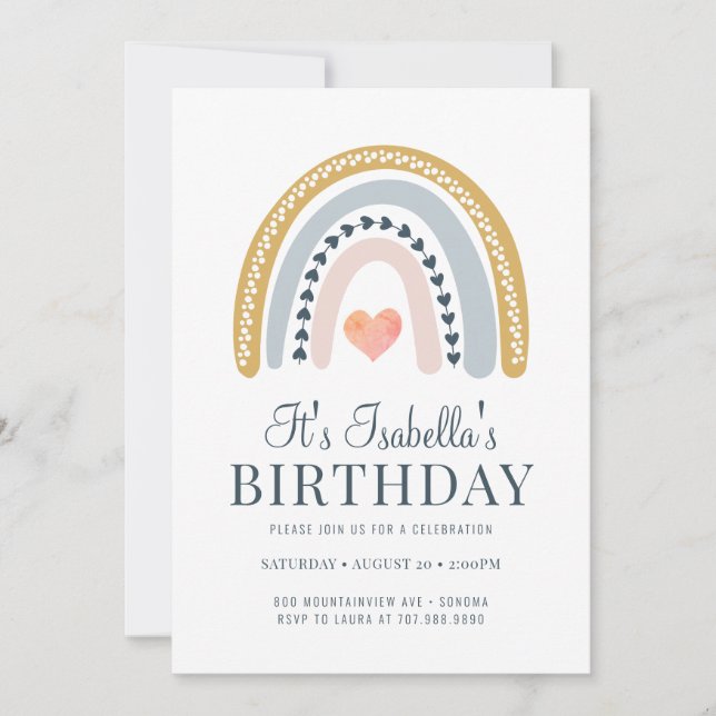 Boho Rainbow Gold Kid's Birthday Party Invitation (Front)