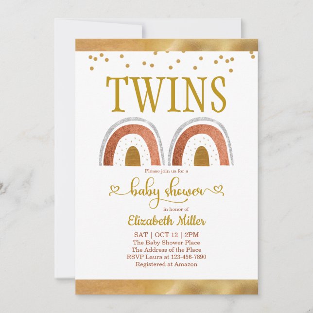 Boho Rainbow Gold Twin Baby Shower Invitation (Front)
