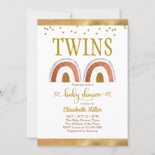 Boho Rainbow Gold Twin Baby Shower Invitation