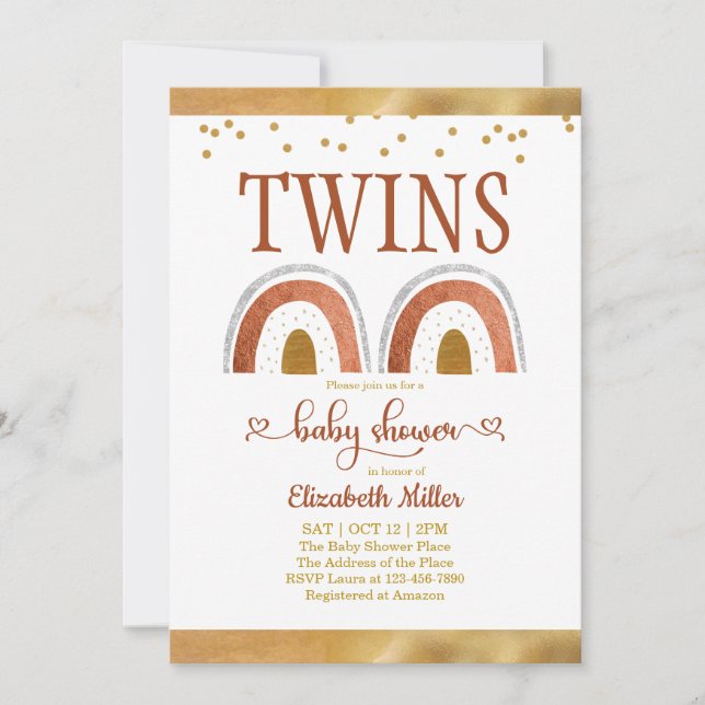 Boho Rainbow Gold Twin Baby Shower Invitation (Front)