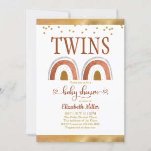 Boho Rainbow Gold Twin Baby Shower Invitation