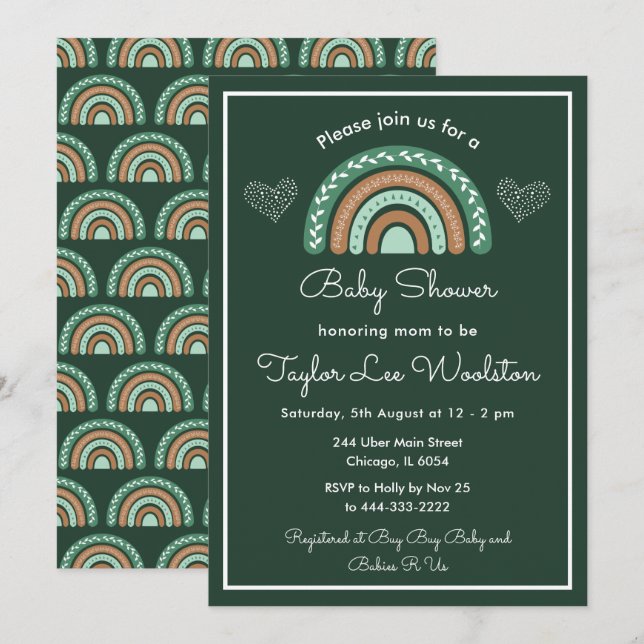 Boho Rainbow Green and Brown Baby Shower Invitation (Front/Back)
