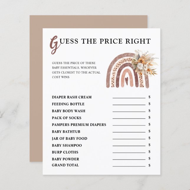 Boho Rainbow | Guess The Price Right Baby Shower (Front/Back)