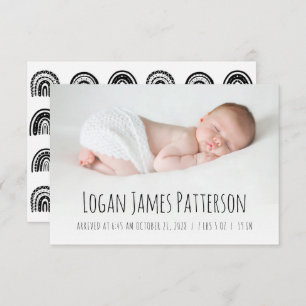 Boho Rainbow Hand Drawn Black White Birth Announcement