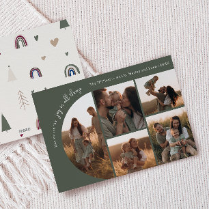 Boho Rainbow & Heart Arch Green Joy In All 5 Photo Holiday Card