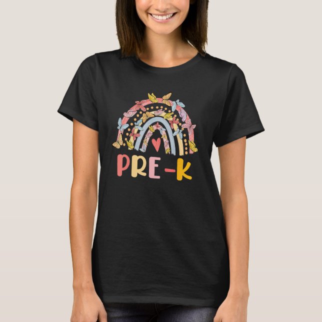 Boho Rainbow Heart For Teachers Women Hello Pre K T-Shirt (Front)