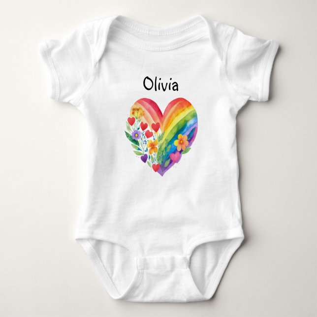 Boho Rainbow Heart Personalised Baby Bodysuit (Front)