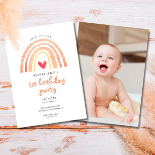 Boho Rainbow Heart Photo First Birthday Invitation