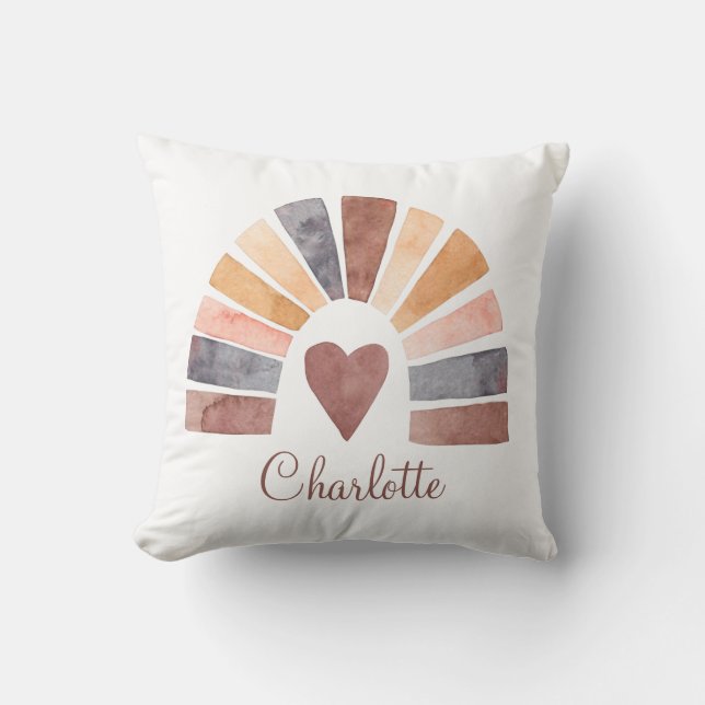 Boho Rainbow Heart Terracotta Bisque Nursery Cushion (Front)