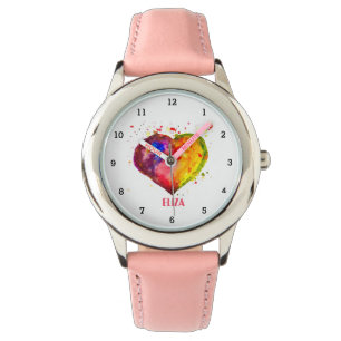 Boho Rainbow Heart Watercolor Cute Girls Pink Kids Watch