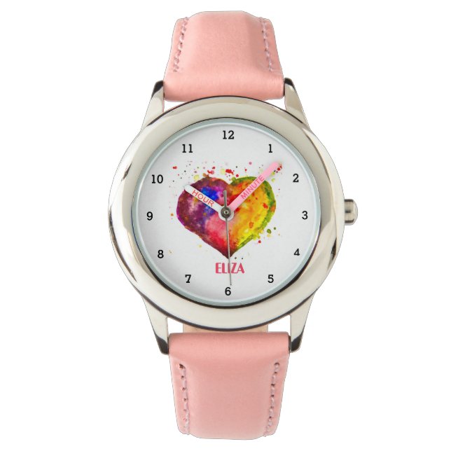 Boho Rainbow Heart Watercolor Cute Girls Pink Kids Watch (Front)