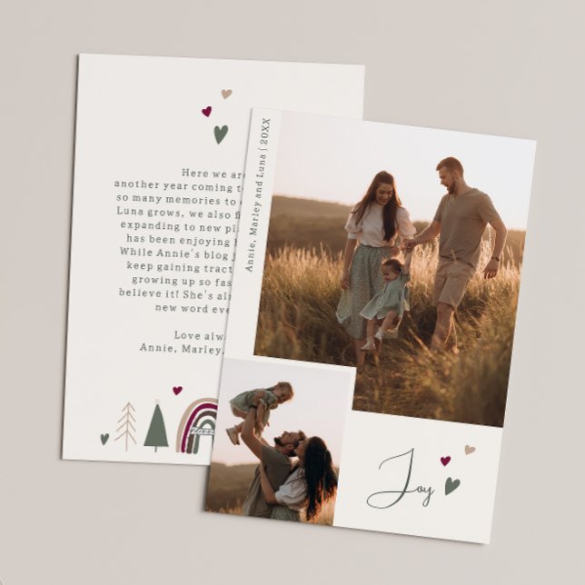 Boho Rainbow & Hearts Joy Beige 2 Photo Christmas Holiday Card (Creator Uploaded)