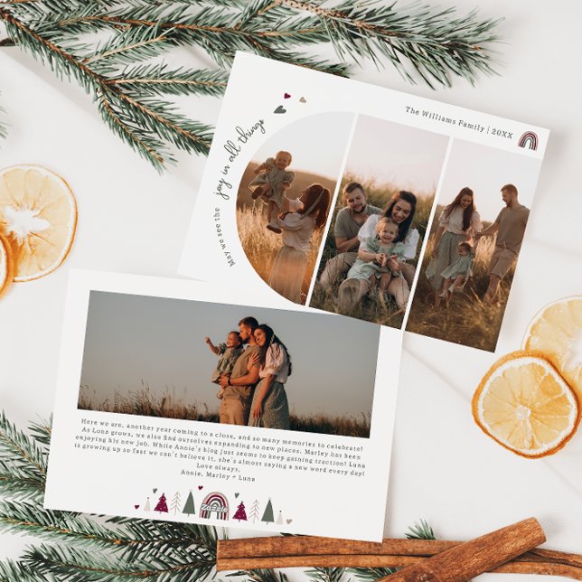 Boho Rainbow & Hearts Joy In All Things 4 Photo Holiday Card (Creator Uploaded)