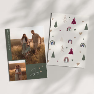 Boho Rainbow & Hearts Joy Two Photo Christmas Holiday Card
