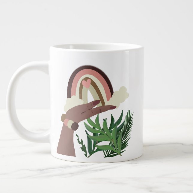 Boho Rainbow in Woman Hand Greenery Large Coffee Mug (Left)