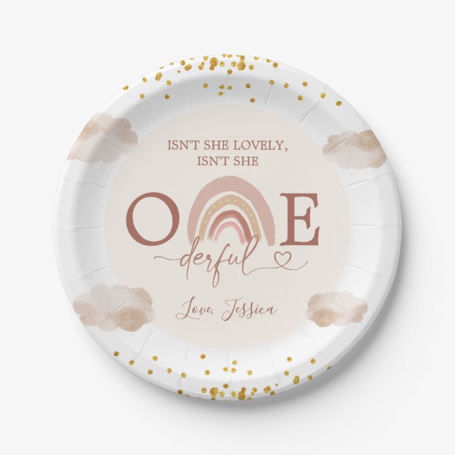 Boho Rainbow Isn't She Onederful Birthday Paper Plate (Front)