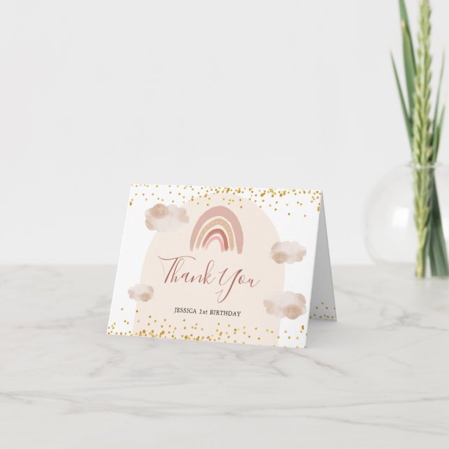 Boho Rainbow Isn't She Onederful Folded Thank You Card (Front)