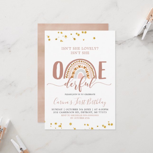 Boho Rainbow Isn't She Onederful Invitation (Front/Back In Situ)