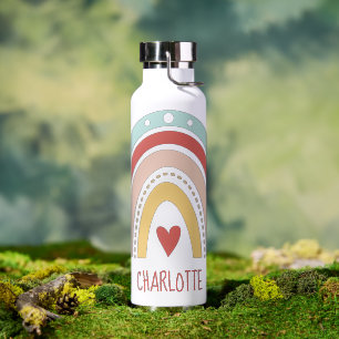 Boho Rainbow Kids Name Watercolor School Water Bottle