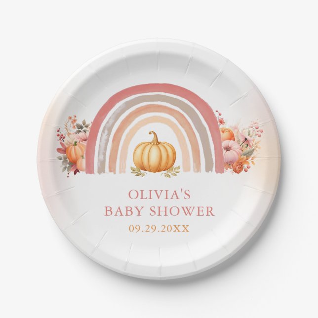 Boho Rainbow Little Pumpkin Fall Baby Shower Paper Plate (Front)