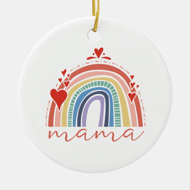 Boho Rainbow Love Hearts Mama Ceramic Tree Decoration (Front)