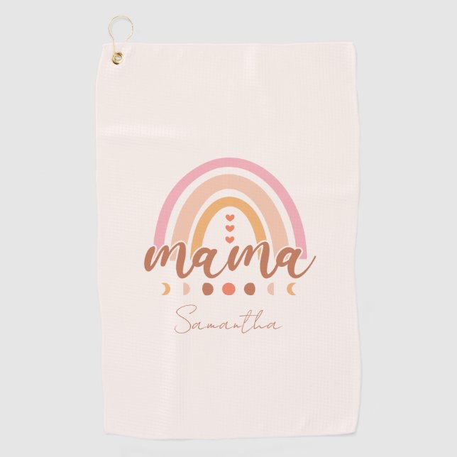 Boho Rainbow Mama with Moon Phases Golf Towel (Front)