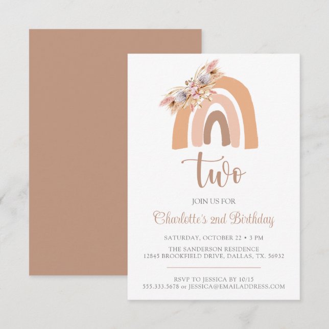 Boho Rainbow Minimalist Pampas Grass Birthday Invitation (Front/Back)