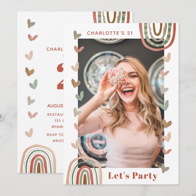 Boho Rainbow Modern 21st Birthday Party Invitation (Front/Back)