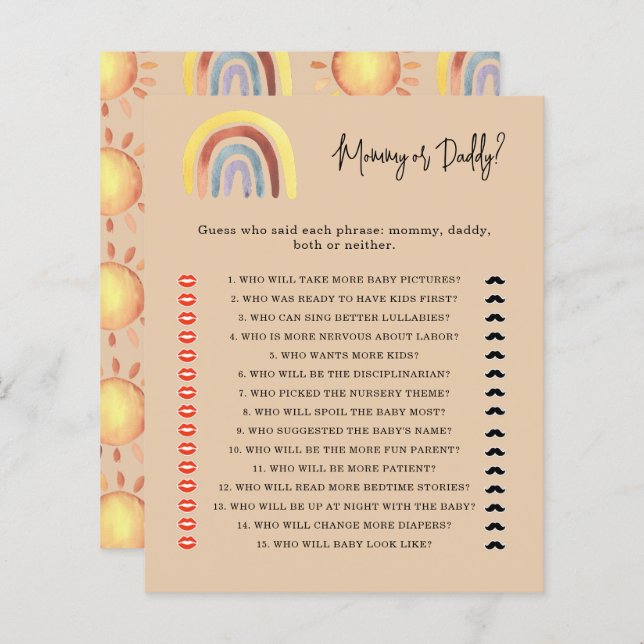 Boho Rainbow mummy or daddy baby shower game (Front/Back)