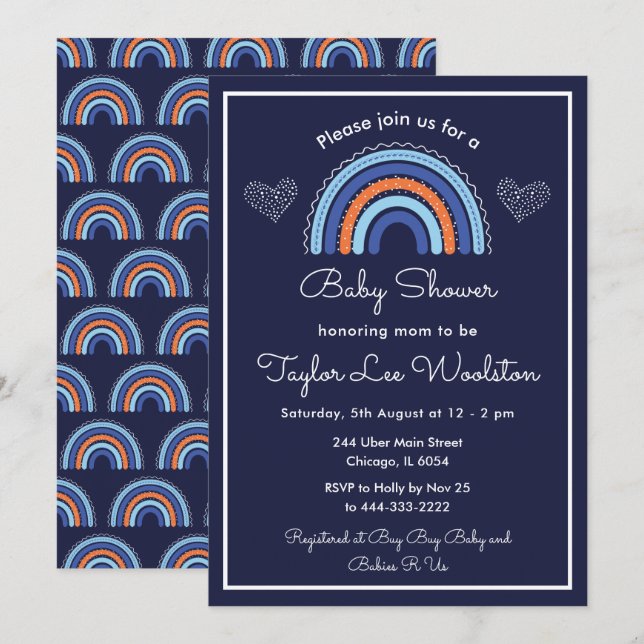 Boho Rainbow Navy Blue Baby Shower Invitation (Front/Back)