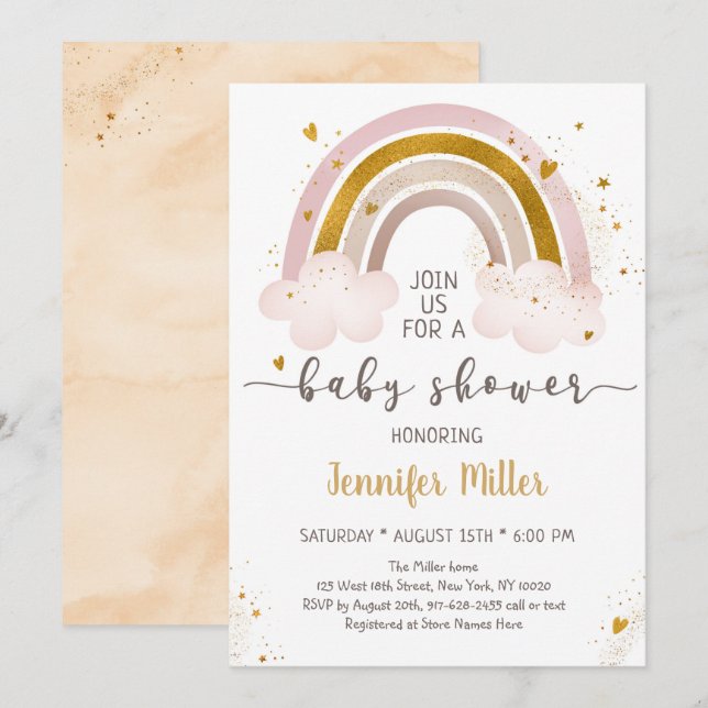 Boho Rainbow Neutral Gold Baby Shower Invitation (Front/Back)
