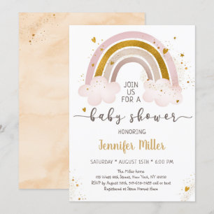 Boho Rainbow Neutral Gold Baby Shower Invitation