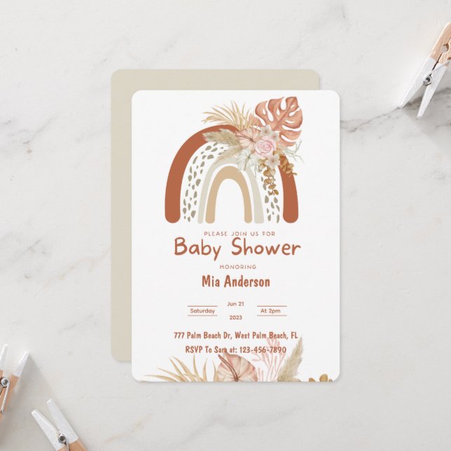Boho Rainbow Neutral Pampas Grass Baby Shower Invitation (Front/Back In Situ)