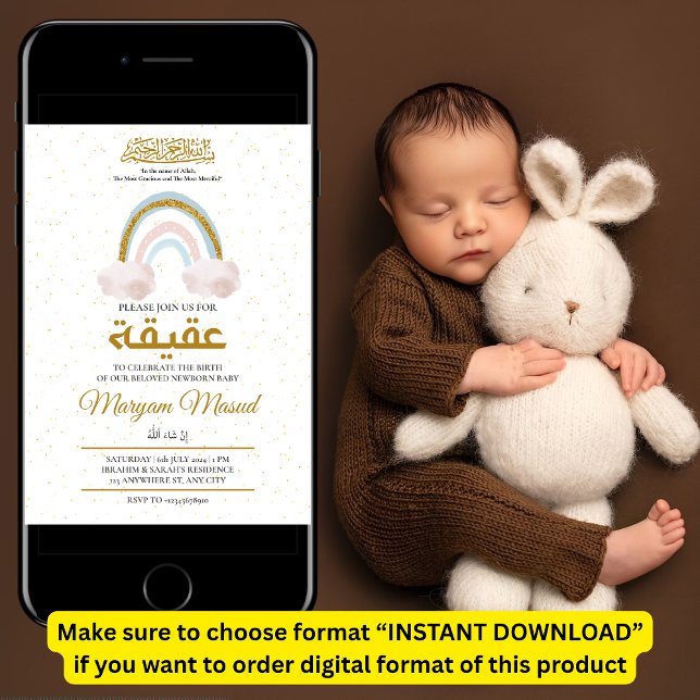 Boho Rainbow Newborn Baby Girl Aqiqah Muslim Invitation (Creator Uploaded)