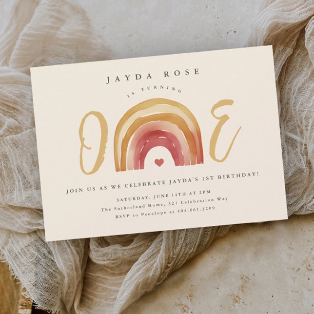 Boho Rainbow One First Birthday Invitation (Boho rainbow one first birthday party invitation.)