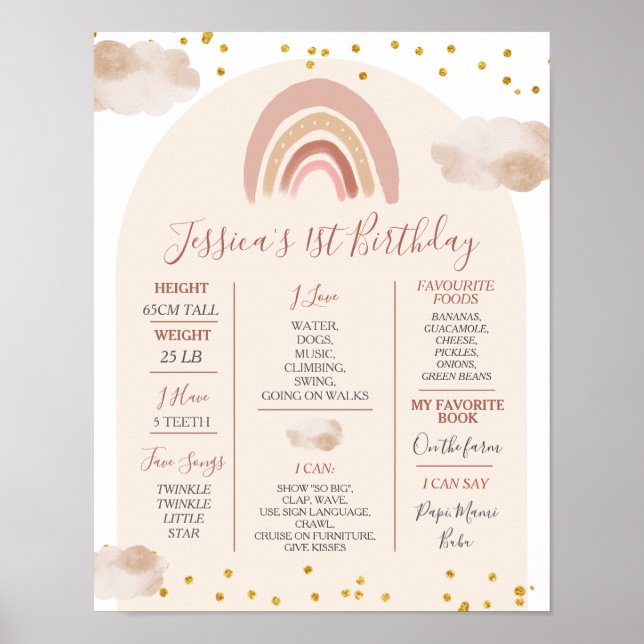 Boho Rainbow Onederful 1st Year Birthday Milestone Poster (Front)