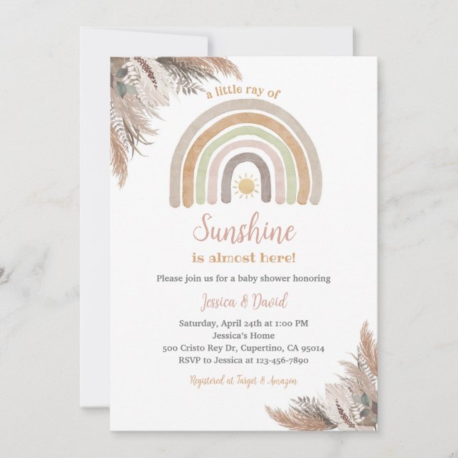 Boho Rainbow Pampas Grass Baby Shower Invitation (Front)