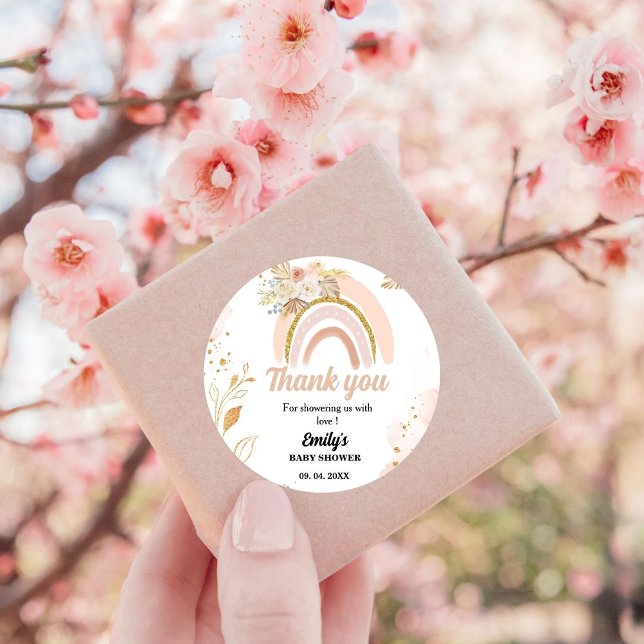 Boho Rainbow Pampas Grass Thank you Baby Shower Classic Round Sticker (Creator Uploaded)